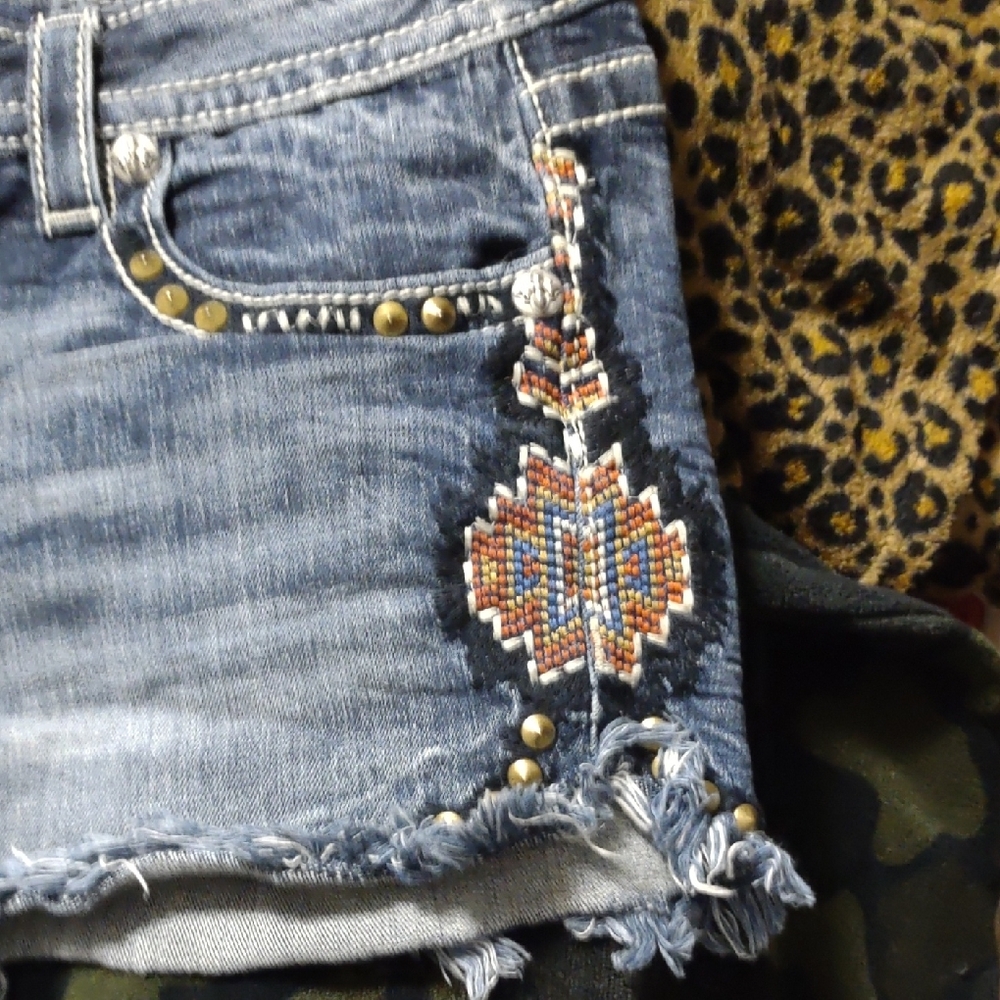 Miss Me Distressed Blue Jean Shorts with Multicolor Embroidery - Picture 2 of 11
